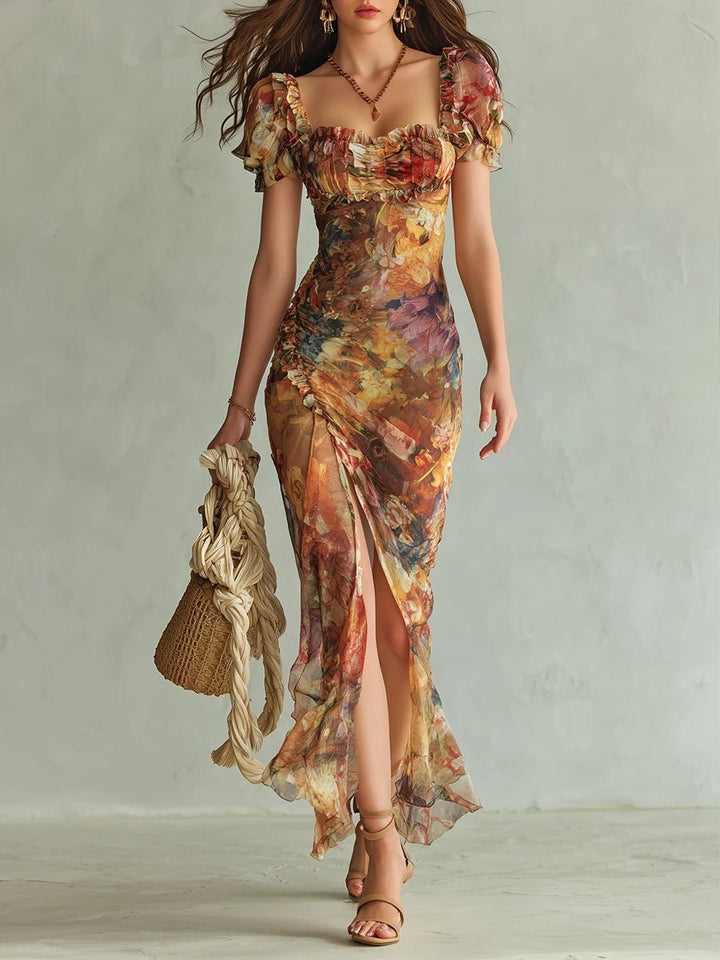 floral print chiffon maxi dress with ruffled sweetheart neckline and puff sleeves
