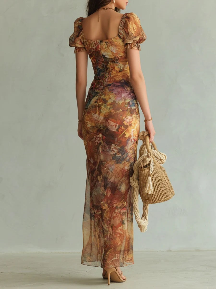 back view of floral maxi dress showing square back and puff sleeve detail