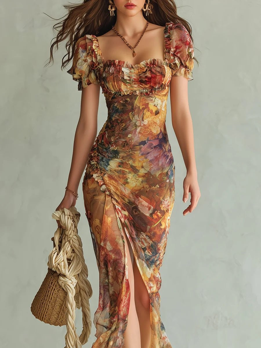 close-up of sweetheart neckline on floral print boho maxi dress