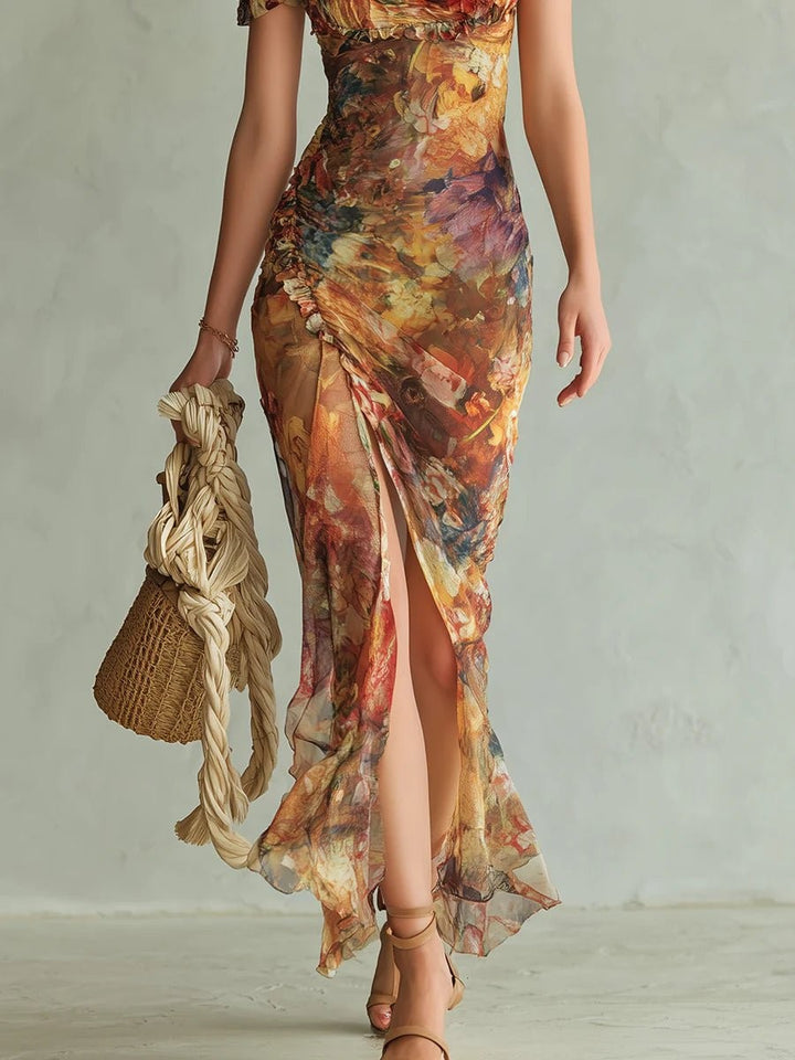 floral chiffon maxi dress detail showing ruched waist and side slit