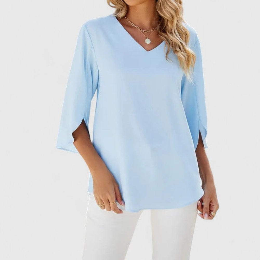 light blue V-neck chiffon blouse with split three-quarter sleeves