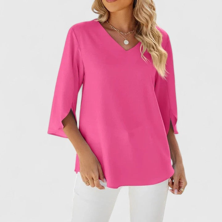 hot pink V-neck chiffon blouse with split three-quarter sleeves