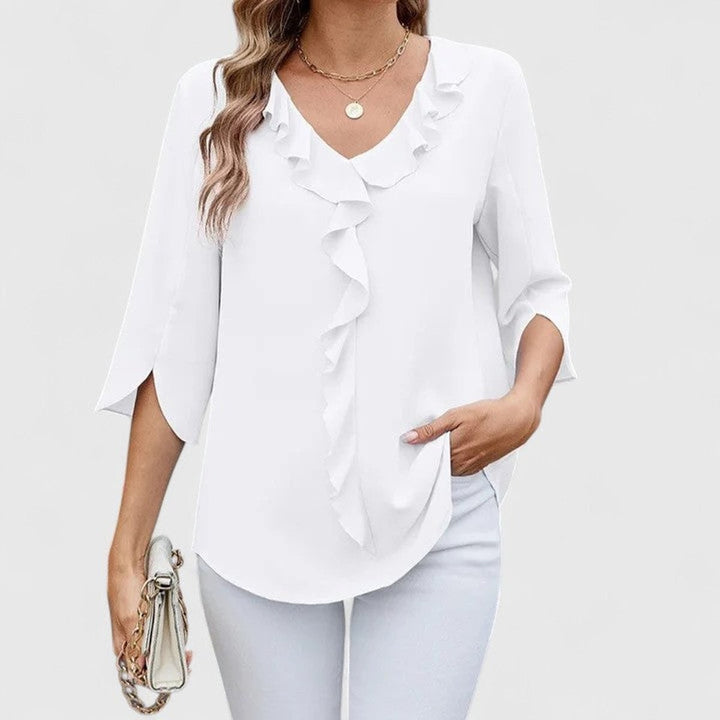 white ruffle V-neck chiffon blouse with split three-quarter sleeves