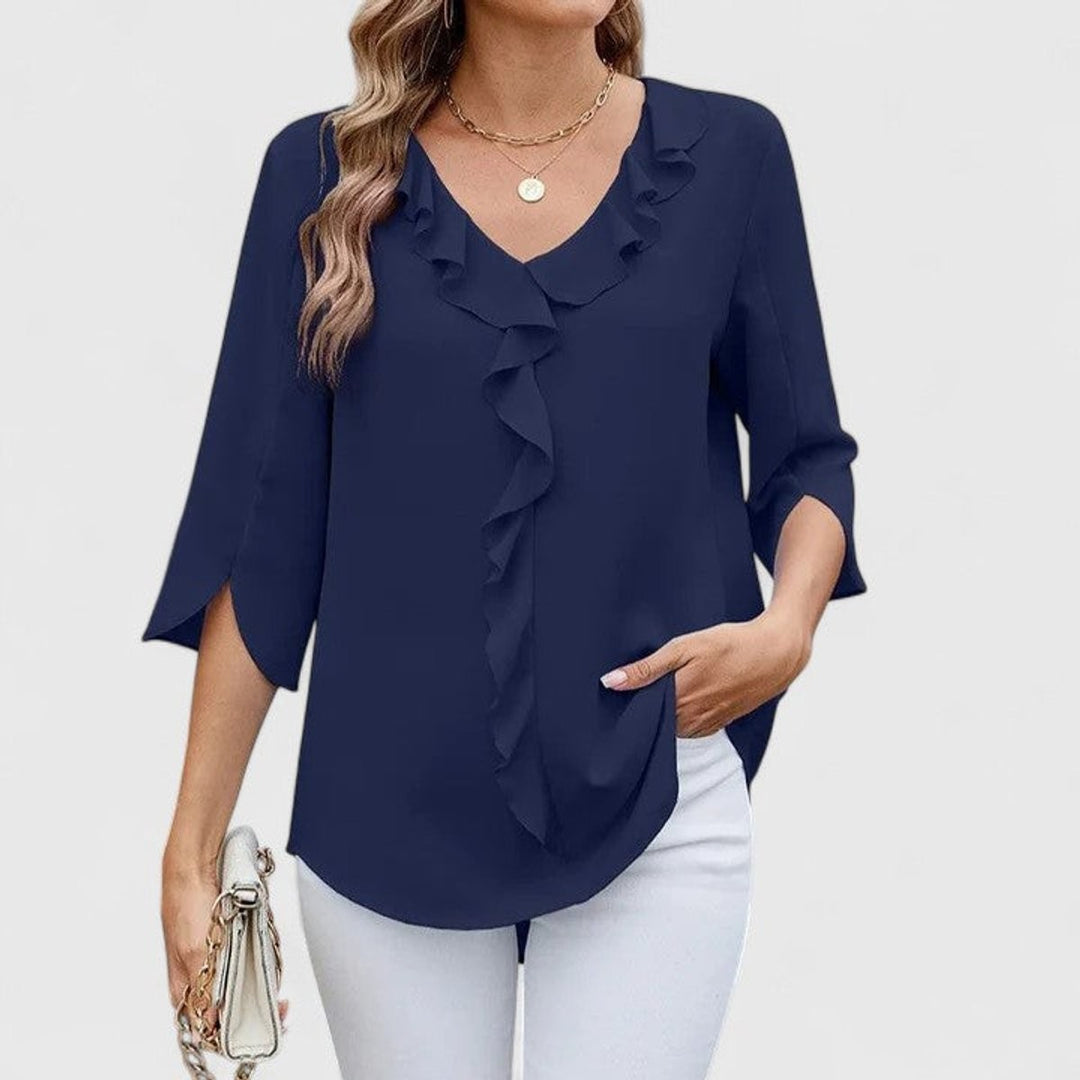 navy blue ruffle V-neck chiffon blouse with split three-quarter sleeves