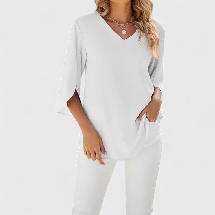 white V-neck chiffon blouse with split three-quarter sleeves