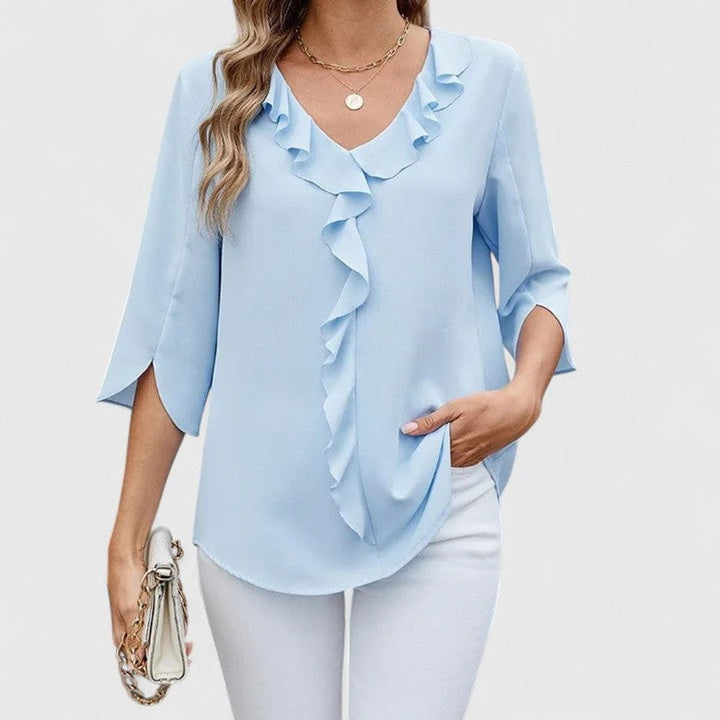 Light blue ruffle V-neck chiffon blouse with split three-quarter sleeves