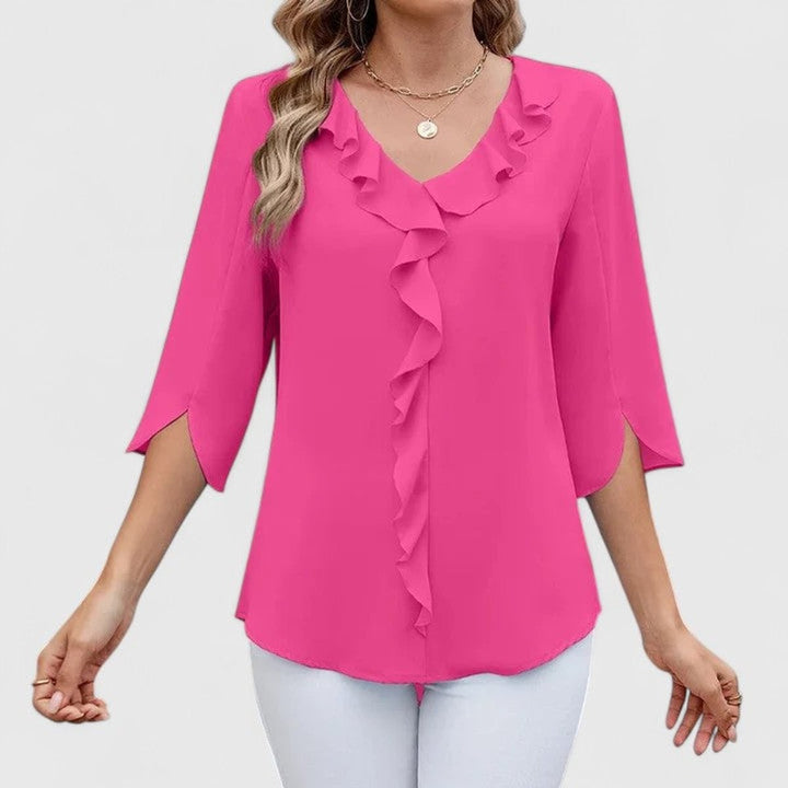 Hot pink ruffle V-neck chiffon blouse with flowy three-quarter sleeves