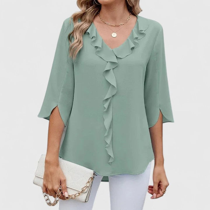 Sage green ruffle V-neck chiffon blouse with split cuff sleeves