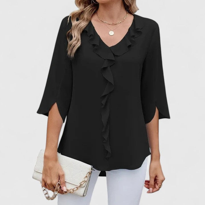 Black ruffle V-neck chiffon blouse with split sleeve cuffs
