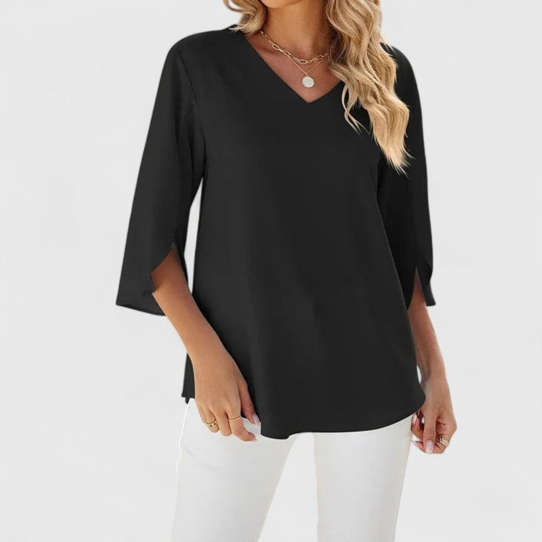 Black V-neck chiffon blouse with split cuff sleeves, relaxed fit