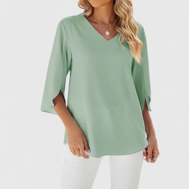 Sage green V-neck chiffon blouse with split three-quarter sleeves