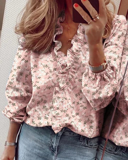 pink floral print ruffled blouse with long sleeves