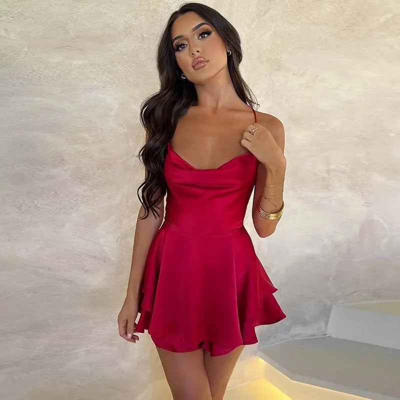 red satin cowl-neck mini dress with layered ruffle skater skirt