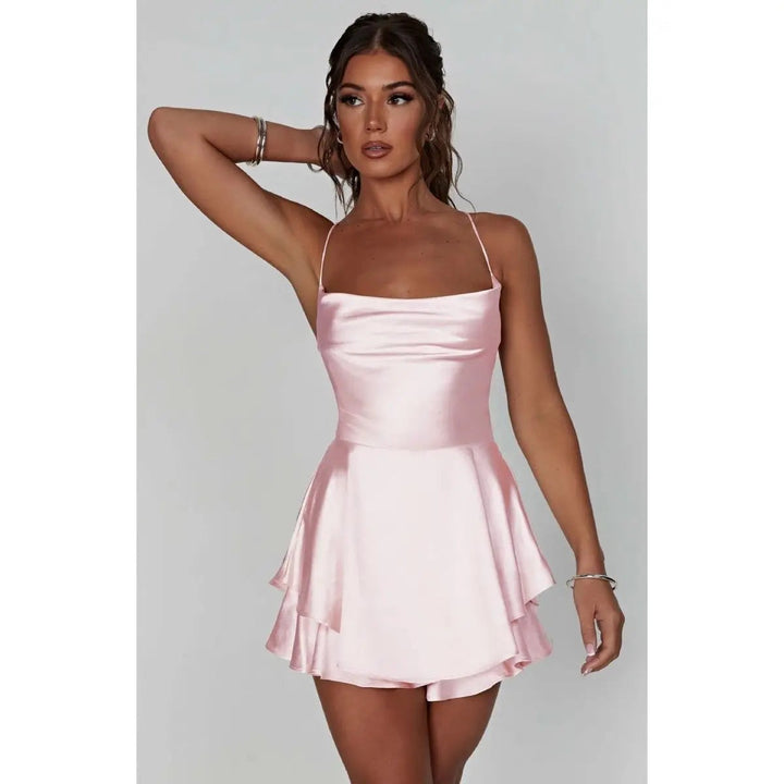blush pink satin cocktail dress with square neckline and ruffle skirt