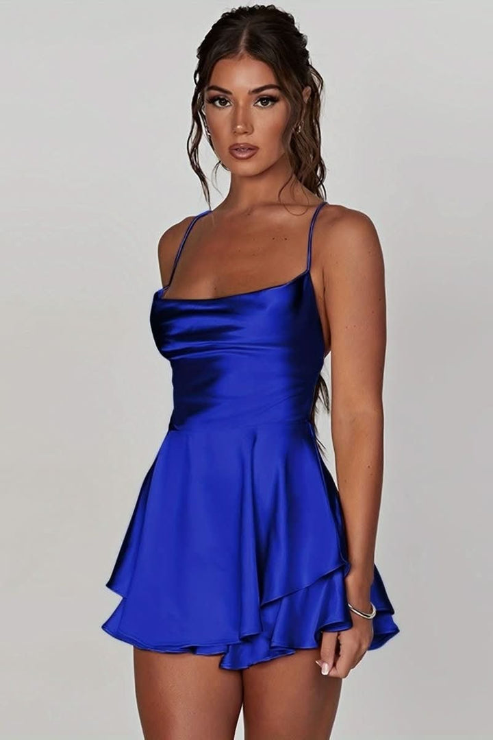 royal blue satin square-neck mini dress with ruffled tiered skirt