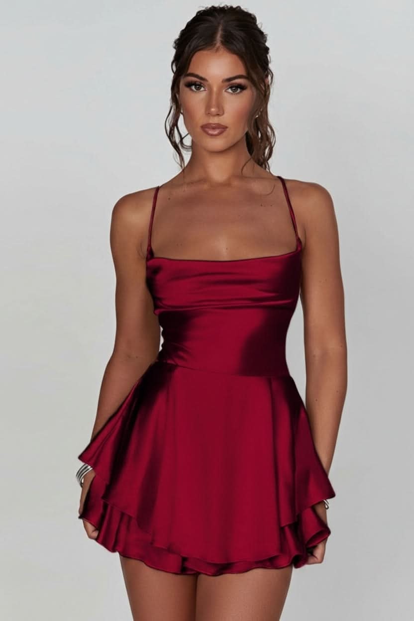 burgundy satin square-neck mini dress with ruffled tiered hem