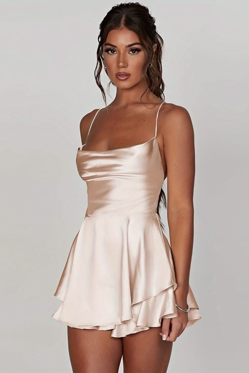 champagne satin cowl-neck mini dress with flowy ruffle skirt