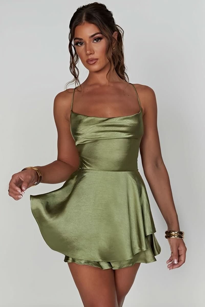 olive green satin mini dress with double-layer ruffle hem