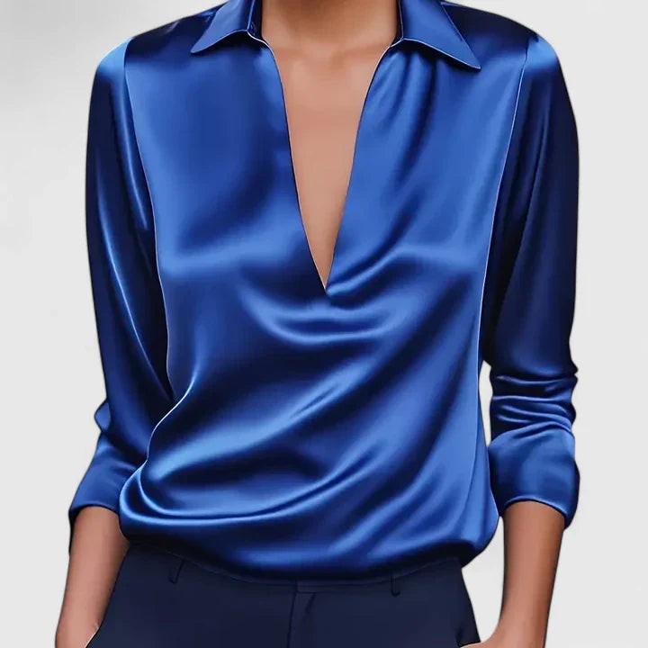 Royal blue satin blouse featuring collared V-neck and draped long sleeves
