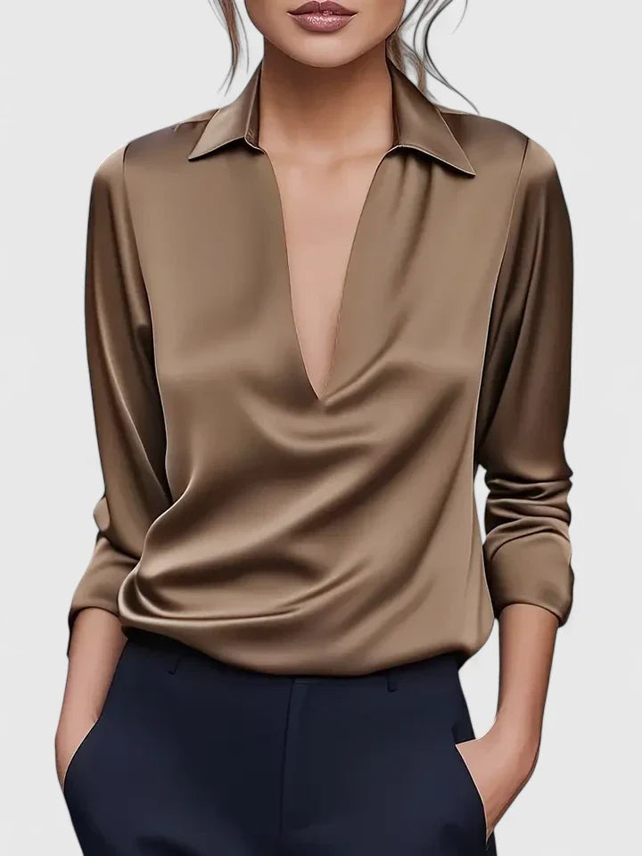 Taupe satin blouse with V-neck collar, long sleeves and subtle sheen