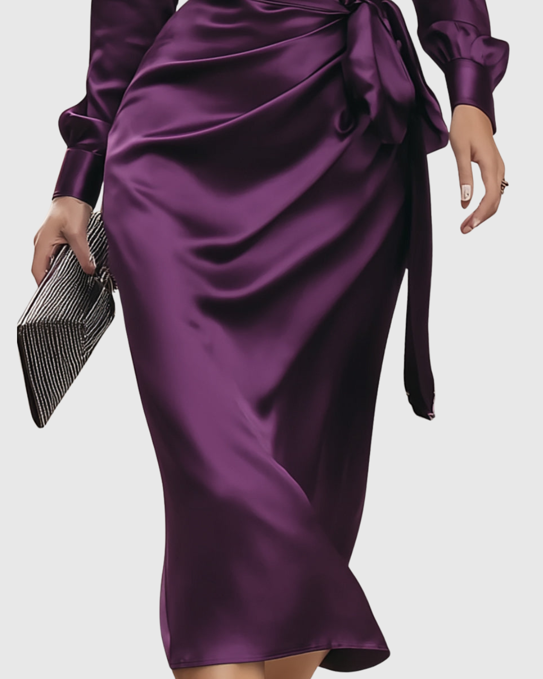 draped satin skirt detail on plum wrap midi dress with side tie