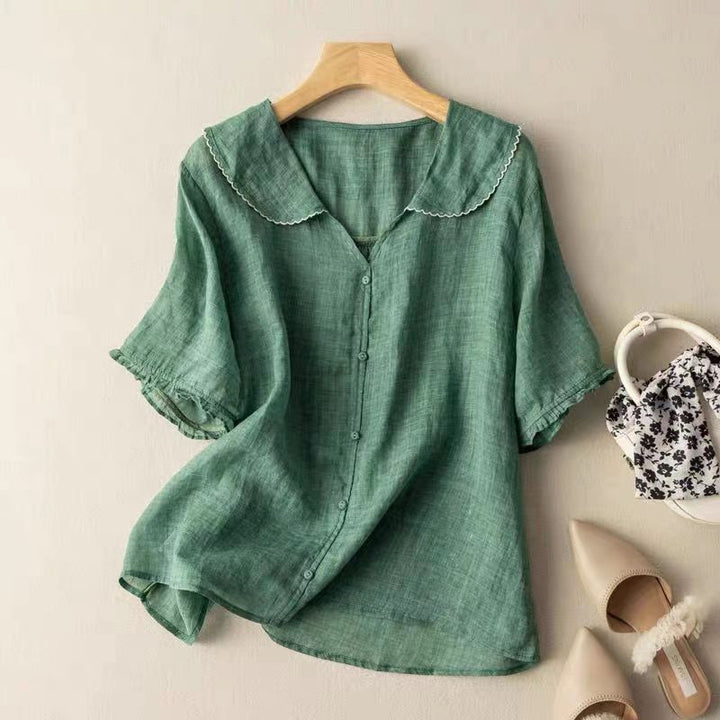 Sage green linen blouse with scalloped Peter Pan collar and ruffled sleeves