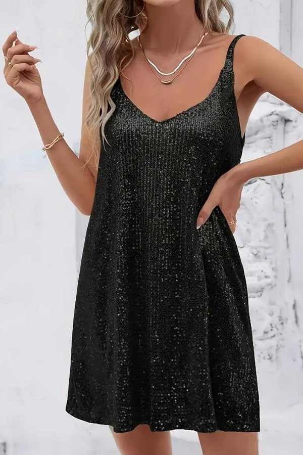 Black sequin V-neck mini dress with sleeveless straps and shift silhouette