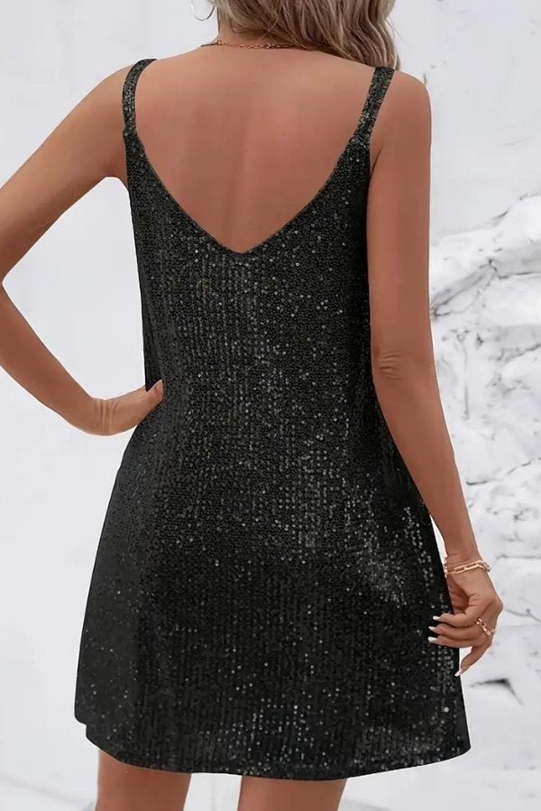 Back view of black sequin mini dress showing V-back neckline design