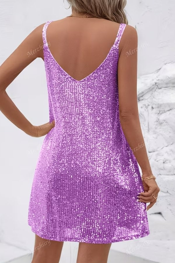 Back view of lavender sequin mini dress with sleeveless straps and shift cut