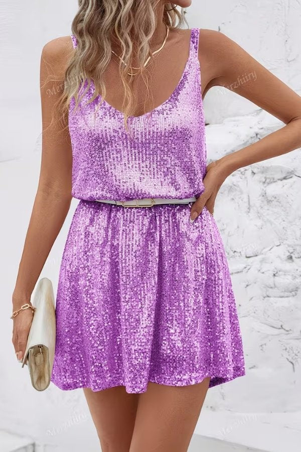 Lavender sequin mini dress with belted waist and V-neck bodice