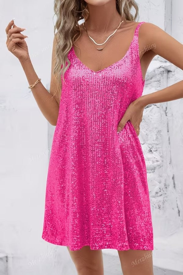 Hot pink sequin V-neck mini dress with sleeveless straps and A-line skirt