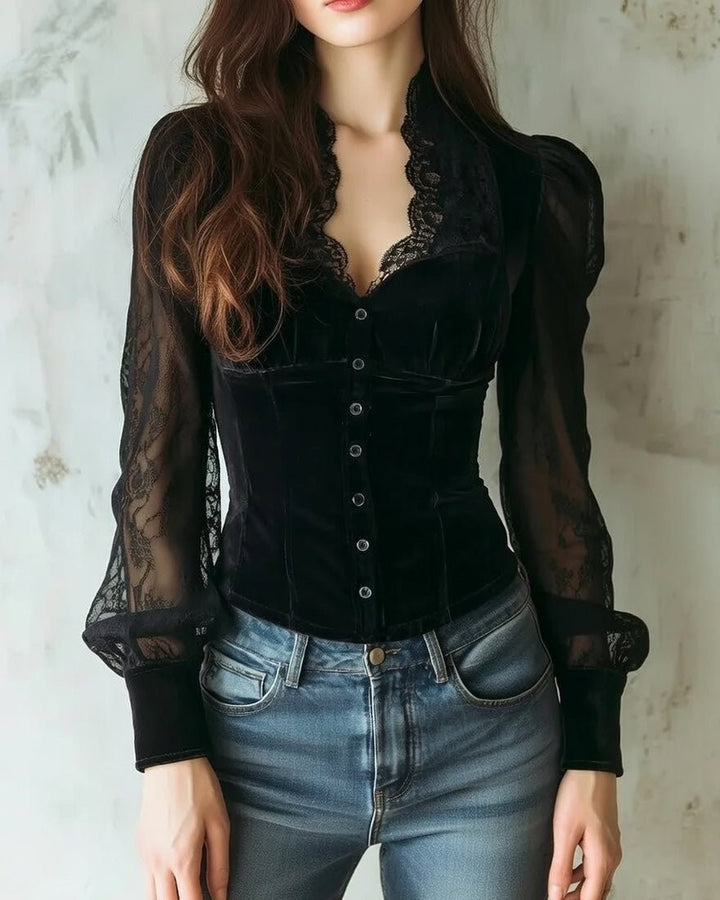 Black velvet corset blouse with sheer lace sleeves and button-front detail