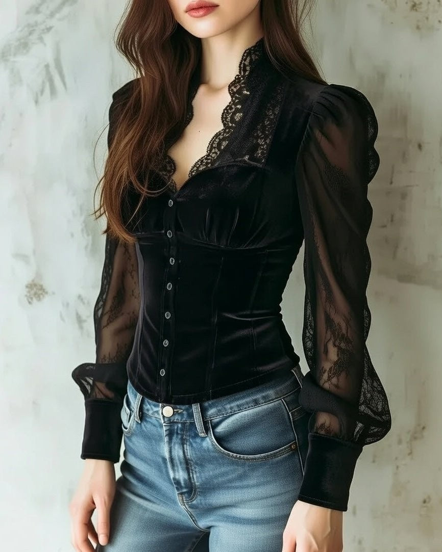 Close-up view of black lace-sleeve blouse with scalloped collar and buttons