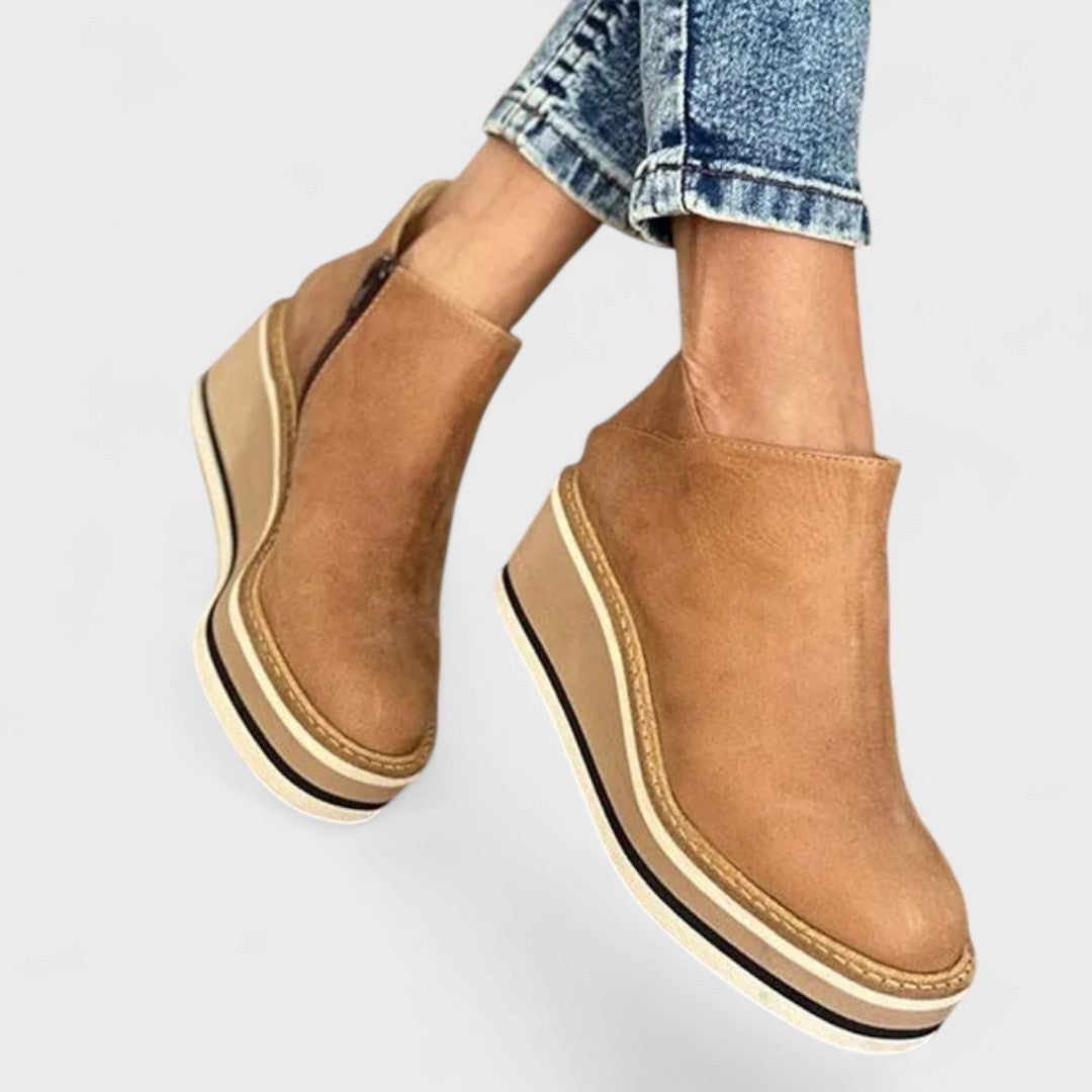 camel leather platform wedge ankle booties with side zipper detail