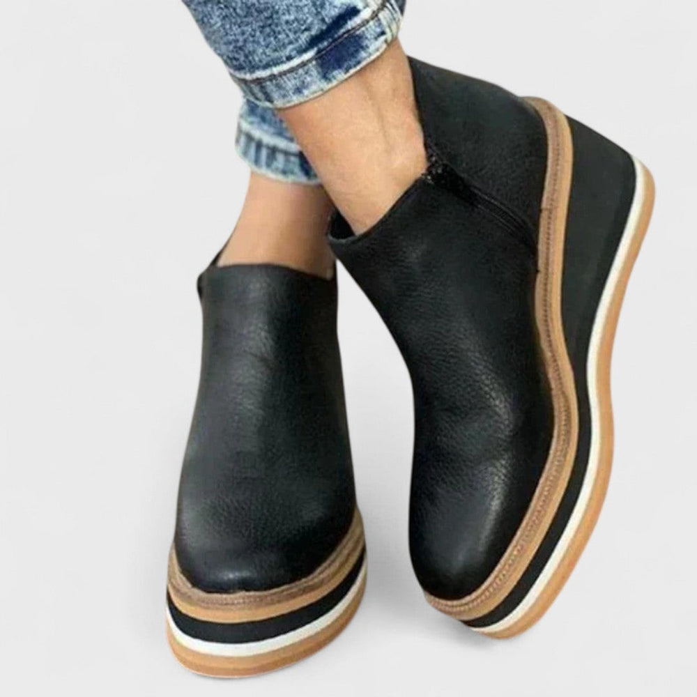 black leather platform wedge ankle booties with striped rubber sole
