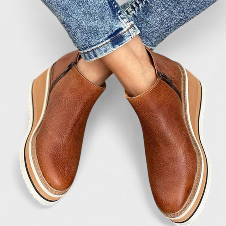 cognac leather wedge ankle booties with contrast platform outsole