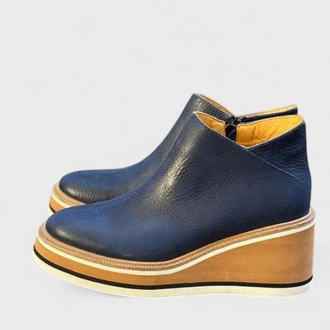 navy blue leather wedge ankle booties with tan platform sole
