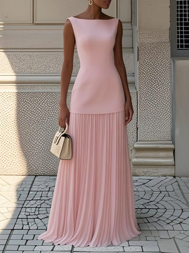 Blush pink sleeveless maxi dress featuring boat neckline and pleated skirt
