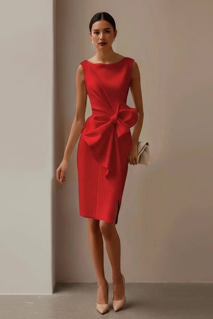 red satin cocktail dress with oversized bow accent and knee-length slit