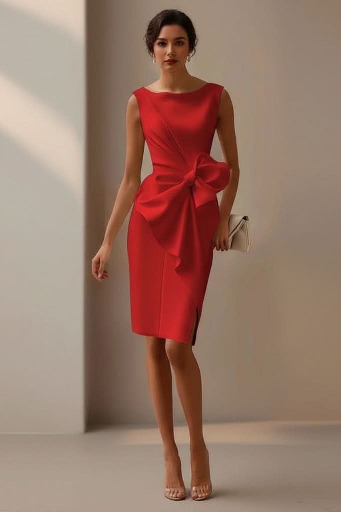 red sleeveless sheath dress with boat neck and dramatic bow detail
