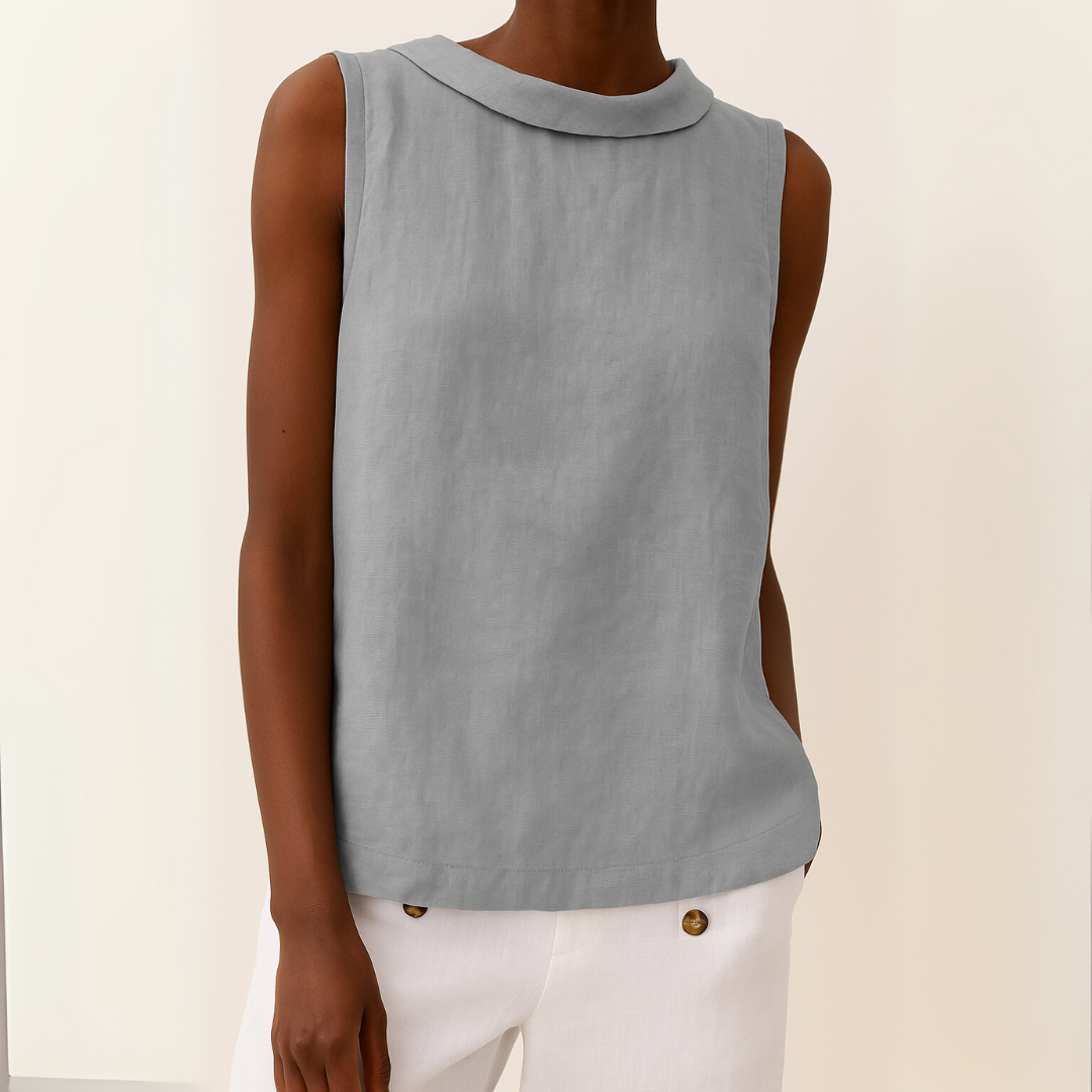 Gray sleeveless roll collar top with keyhole back detail