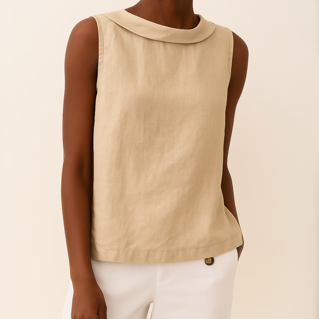 Beige sleeveless top featuring a rolled neckline design
