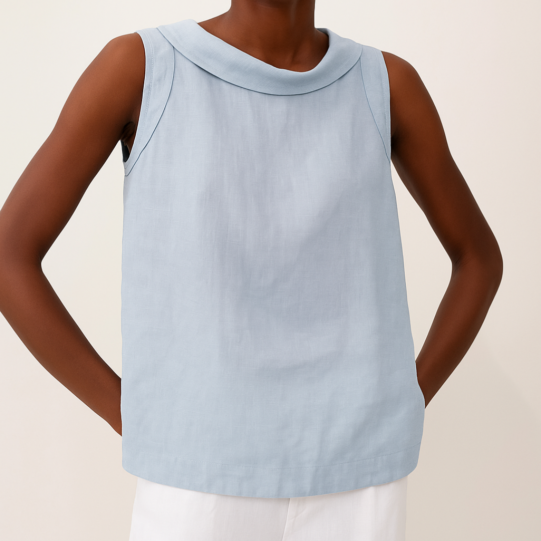 Pale blue sleeveless top with rolled collar and clean lines