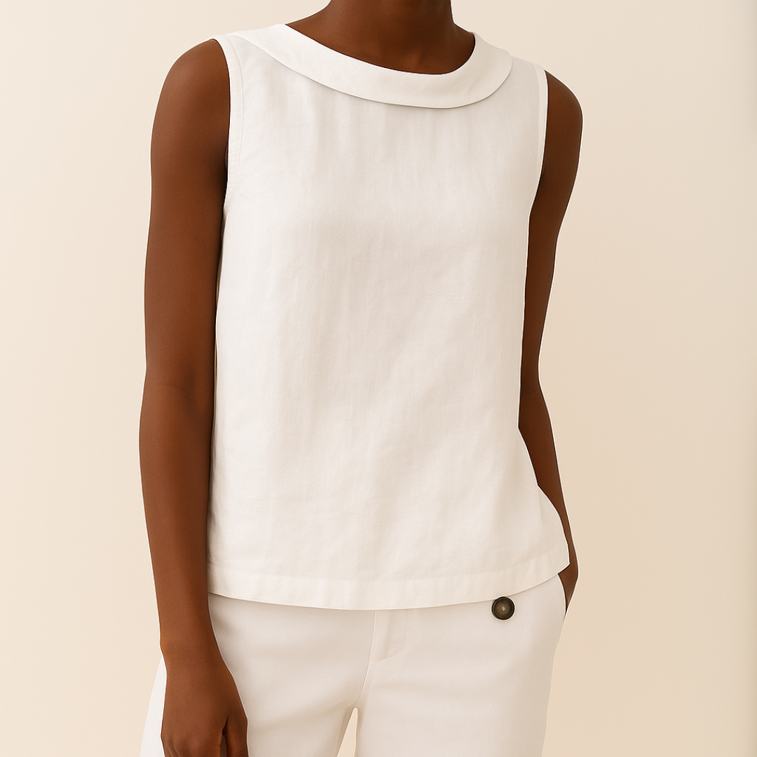 Ivory sleeveless blouse with rolled collar and relaxed fit