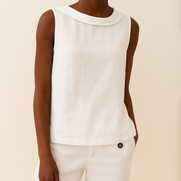 Ivory sleeveless blouse with rolled collar and relaxed fit