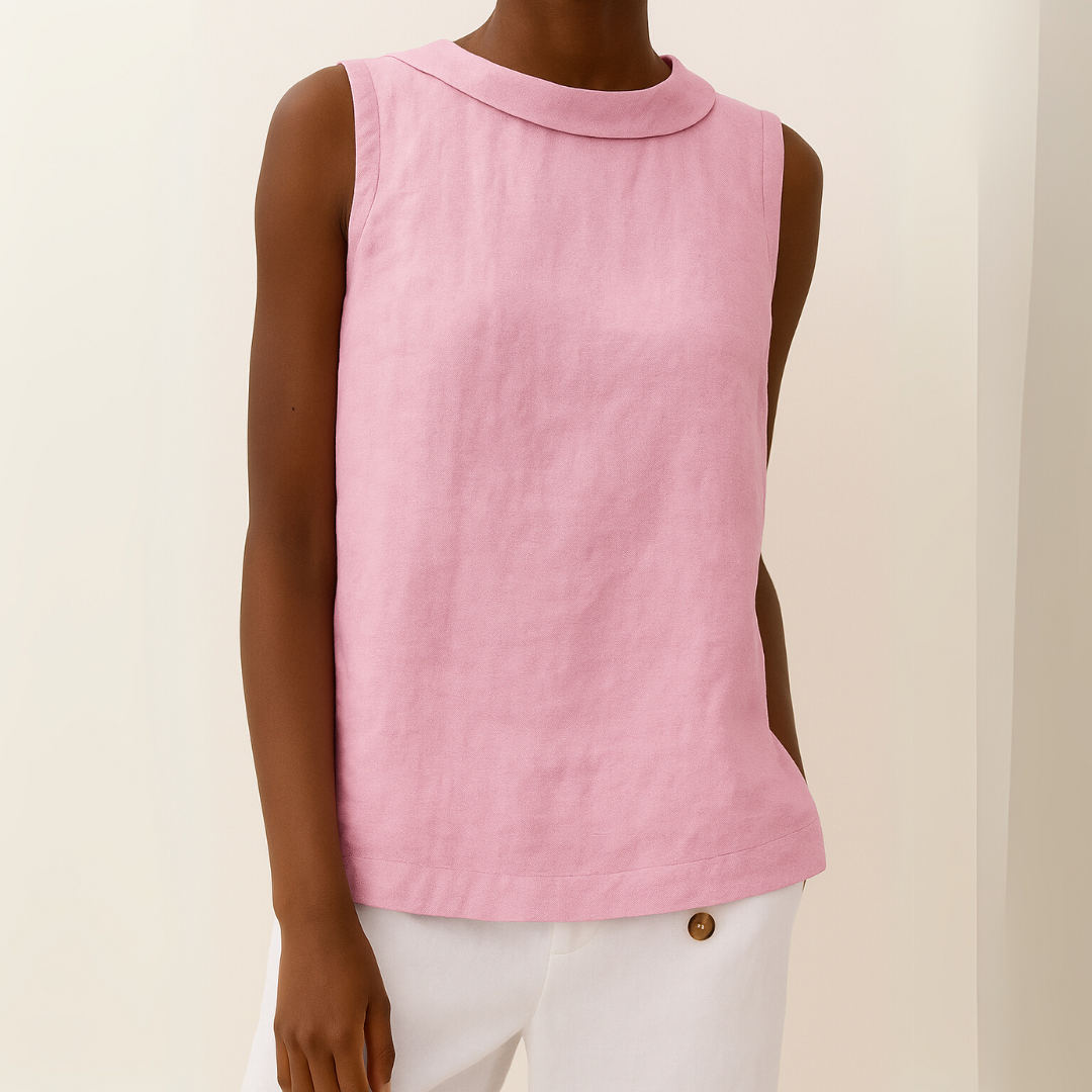 Pink sleeveless top with rolled collar and curved hem