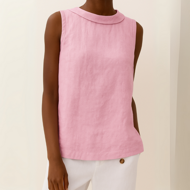Pink sleeveless top with rolled collar and curved hem