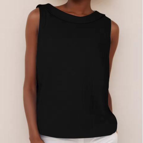 Black sleeveless roll collar top with minimalist silhouette