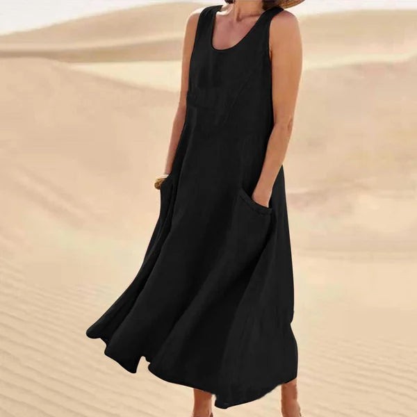 Black sleeveless linen maxi dress with round neckline and loose fit