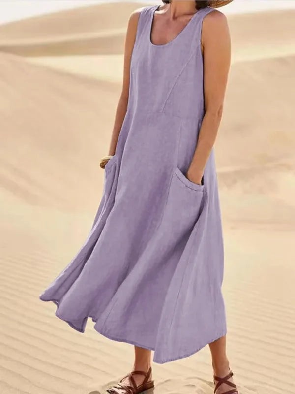 Lavender sleeveless linen maxi dress with round neckline and side pockets